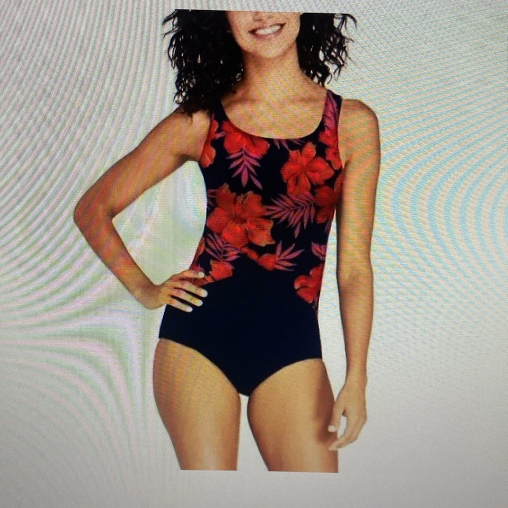 Lands' End Women's One Piece Swimsuit Scoop Neck Waikiki Floral Size M